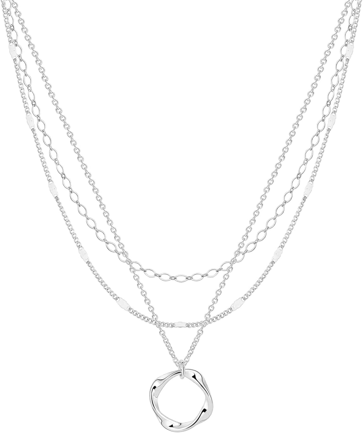 Layered Silver Necklaces for Women, Sterling Silver Stackable Stack Choker Necklaces for Women Trendy Layering Circle Pendant Chain Necklace Set Jewelry for Women