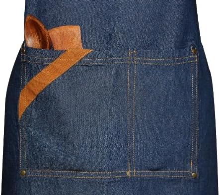 100% Cotton Denim Kitchen Apron with Pocket and Adjustable Neck with Long Ties Apron 25" X 31" for Women Men Chef Cooking, Baking, Gardening, Blue