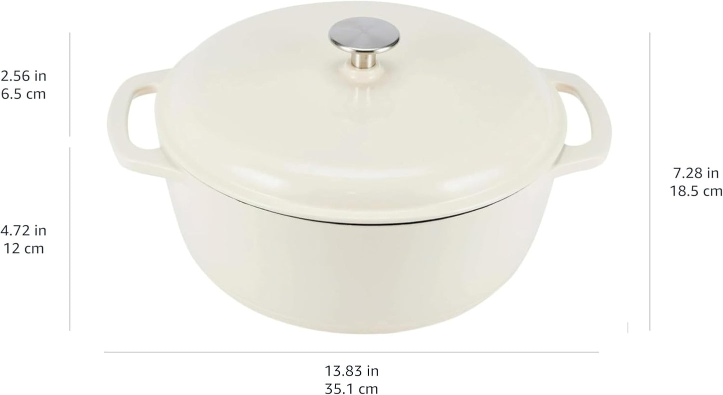 Amazon Basics Enameled Cast Iron Dutch Oven Pot with Lid, Oven Safe, Heavy-Duty, Dual Handles for Baking, Roasting, Stews, Round, 6-Quart, White