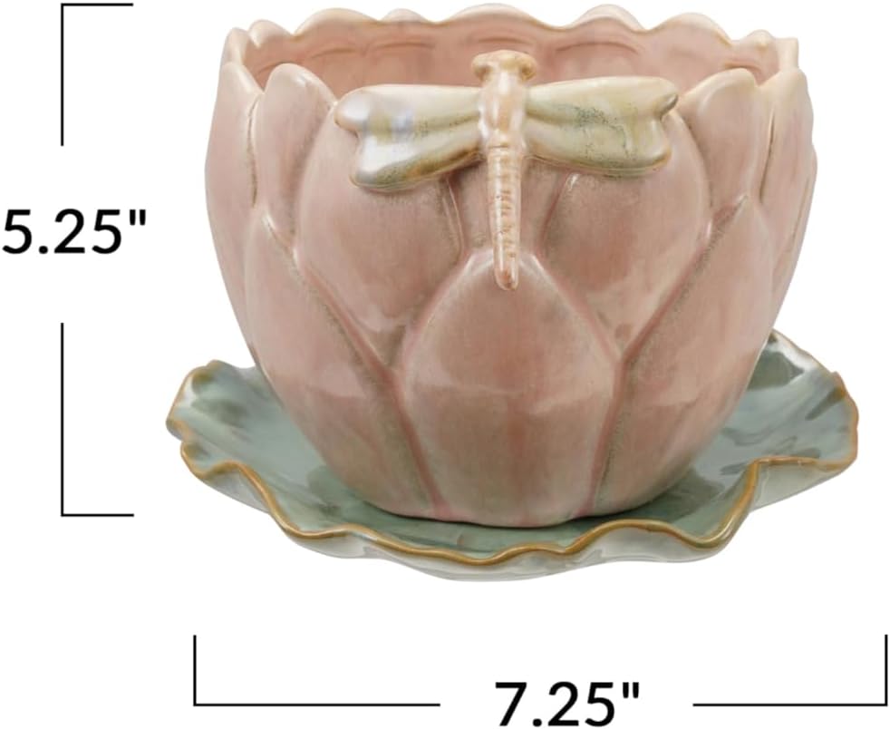 Creative Co-Op Stoneware Flower Shaped Planter with 3D Dragonfly and Leaf Saucer in Reactive Glaze, Multicolor