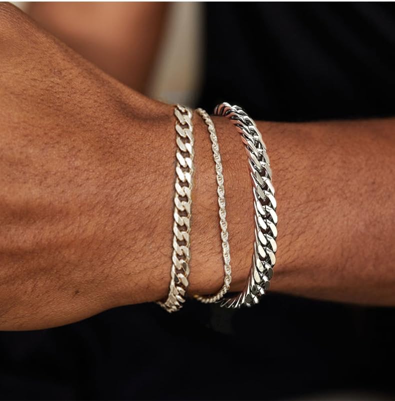 3Pcs Stainless Steel Mens Bracelet,Adjustable Sturdy Silver Cuban Chain Bracelet Set for Men