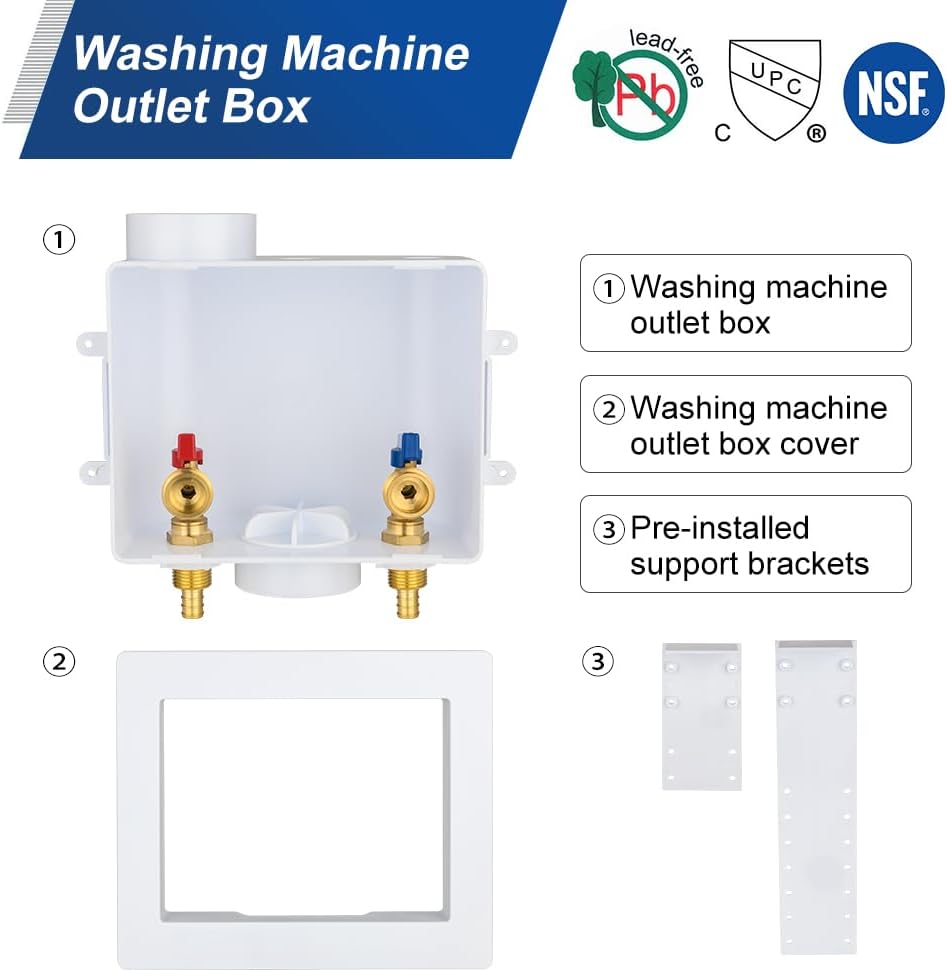 EFIELD Universal Washing Machine Outlet Box, 1/2-inch Pex Crimp Inlet x 3/4 inch MHT Outlet Connection, Center Drain,(WM048)