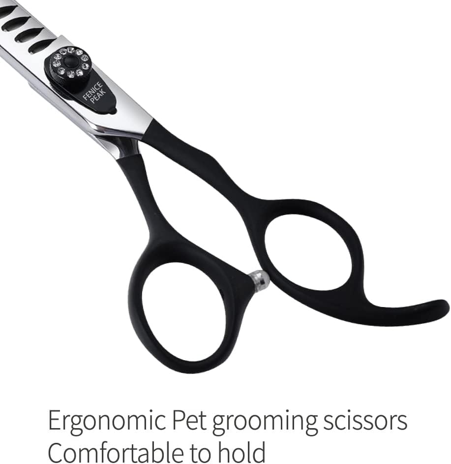 Fenice Peak 7.5'' Professional Dog Grooming Scissors Set with Black Non-Slip Handle 440C Stainless Steel Straight Thinning Curved Chunker Shears 4pcs Set for Pet Grooming Services