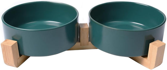 Elevated Ceramic Cat Bowl, Dog Bowl, 400 ml/13.5 oz Pet Food Bowls with Wood Stand Anti-Slip Design for Cat Dog