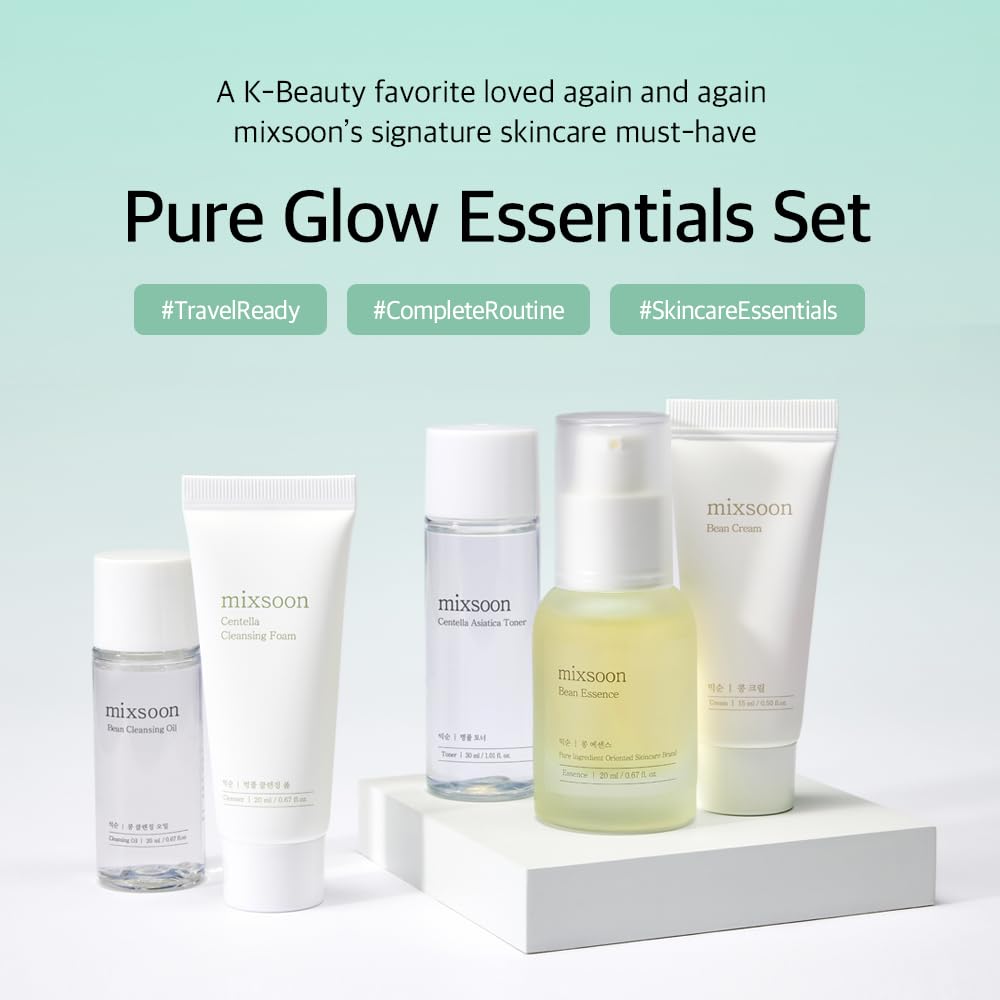 mixsoon Pure Glow Essentials Set - 5-Step Skincare Kit - Travel kit, Travel size kit, Hydrating Skincare Gift Set (15ml*1+20ml*3+30ml*1) Korean Glass Skin Care