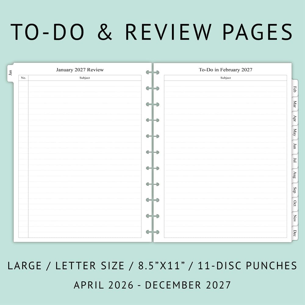 newestor 2026-2027 Monthly Planner Refill for 11-Discbound Notebooks, Apr 2026 to Dec 2027, Two Pages Per Month, Letter Size, 8-1/2" x 11"