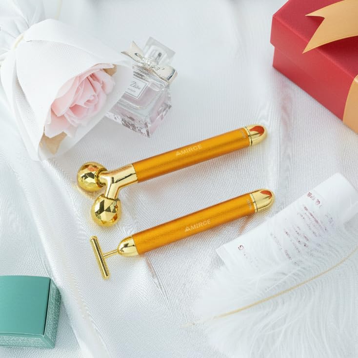 Amirce Face Massager Roller Golden 3D Roller Electric Facial Roller and T Shape Facial Roller Massager Kit Face Rollers