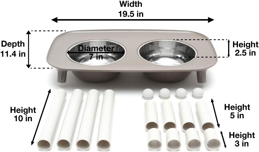 Messy Mutts Elevated Double Feeder with Stainless Bowls | Adjustable Height 3”, 5”, or 10” | Adjustable Standing Feeder for Dogs | 5 Cups per Bowl | Dark Grey