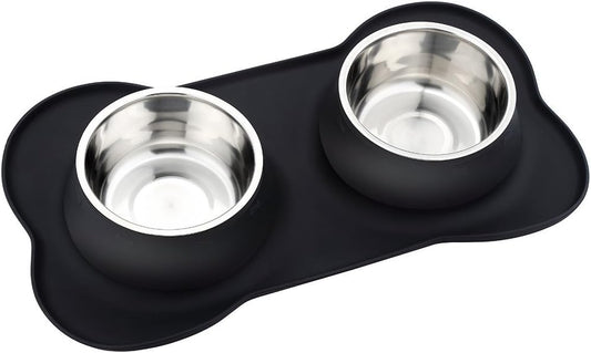 Pet Deluxe Dog Bowls Stainless Steel Dog Bowl with No Spill No Skid Silicone Mat, 24/48 oz Dog Food and Water Bowl Set Double Dog Feeder Bowl Dog Dish for Small Medium Large Sized Dogs Cats Puppy
