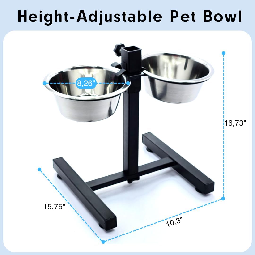 Adjustable Elevated Dog Bowls with Stand, Stainless Steel, 2 Bowls, Rubber Feet (50oz)