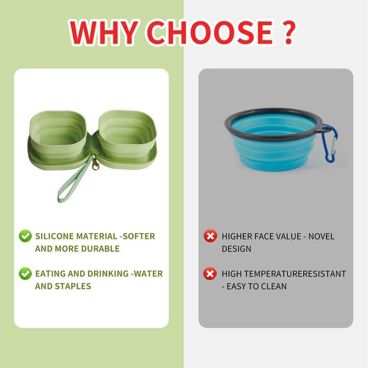 Travel Twin Pet Bowls for Cats or Dogs, Collapsible Silicone Bowls for Food and Water Feeding, Foldable Zip Up Oxford Cloth Carry Case with Carabiner Clip, Portable Hiking Cat Bowl