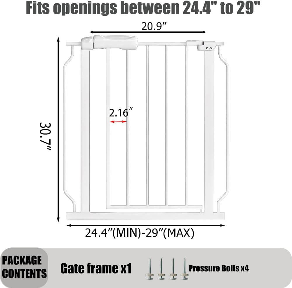 24-29 Inch Narrow Baby Gate, Pressure Mounted No Drilling Dog Gate for Stairs & Doorways, White Metal Safety Gate Indoor for Kids and Pets