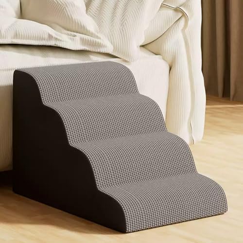 4-Step Pet Stairs for Small Dogs & Cats - Non-Slip Dog Ramp with Washable Cover, Soft Steps for High Beds & Couches, Ideal for Pets with Joint Pain - Grey