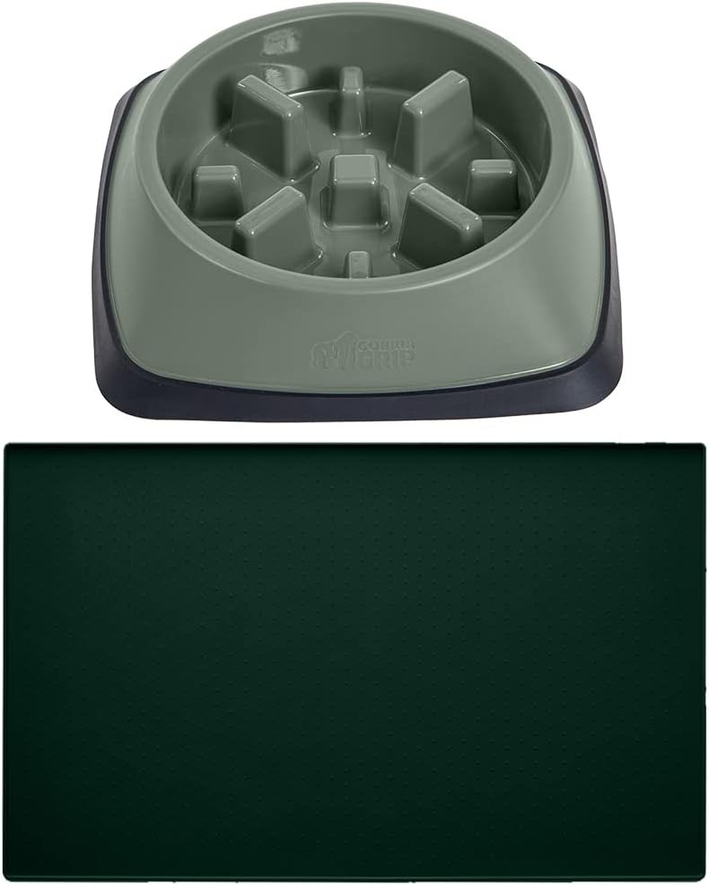 Gorilla Grip Slow Feeder Dog Bowl and Pet Feeding Mat, 4 Cups Dogs Pet Bowls Slip Resistant in Sage Color, Dog Food Mats Size 18.5x11.5 Waterproof Placemats in Hunter Green Color, 2 Item Bundle