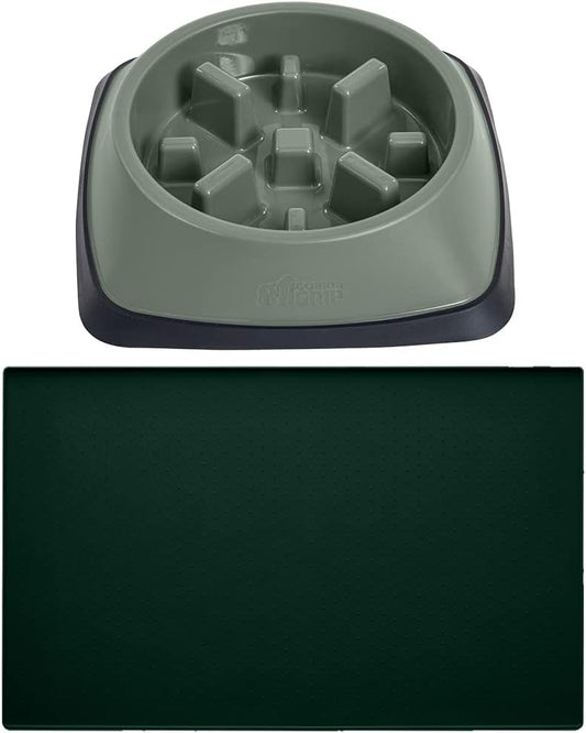 Gorilla Grip Slow Feeder Dog Bowl and Pet Feeding Mat, 4 Cups Dogs Pet Bowls Slip Resistant in Sage Color, Dog Food Mats Size 18.5x11.5 Waterproof Placemats in Hunter Green Color, 2 Item Bundle