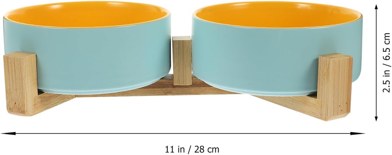 PRETYZOOM Ceramic Cat Bowls Set with Dual Raised Wood Stand, Matte Finish Blue and Yellow Inner Bowls, Small Size Elevated Feeding Station for Kittens and Cats