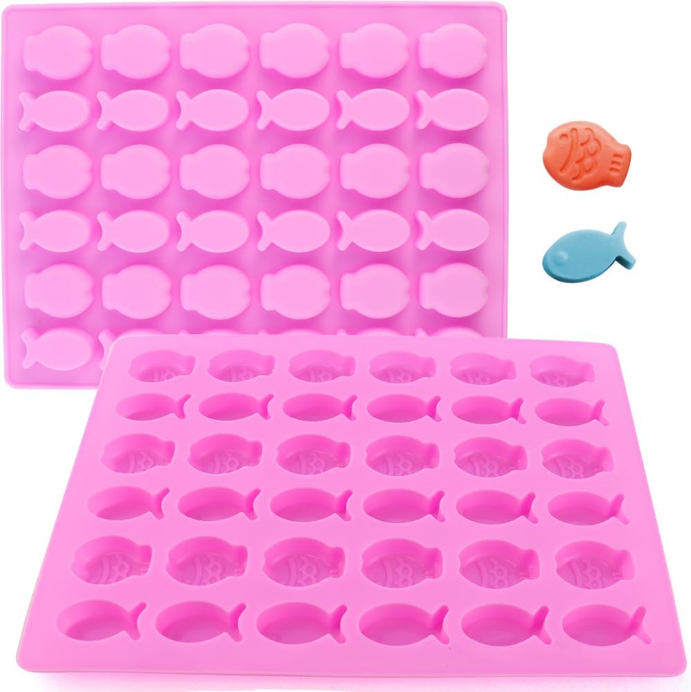 2 Pack Mini Fish Shaped Mold Non-stick Chocolate 36-Cavity Food Grade Silicone Molds for Baking and Homemade Treats, Gelatin Gummies, Candy, Biscuits, Ice Cubes, Chocolate