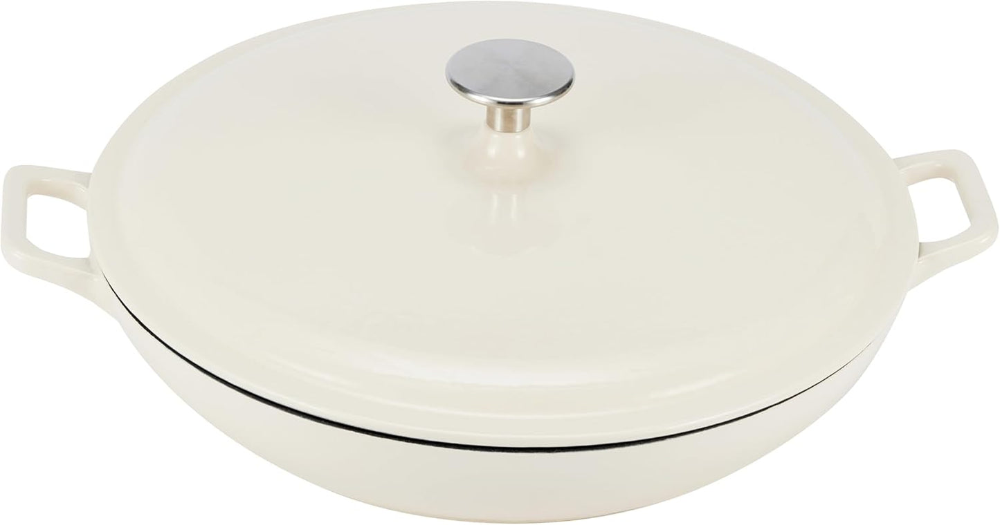 Amazon Basics Enameled Cast Iron - Covered Round Casserole Skillet with Lid, Oven Safe - 500°F, Even Heat Distribution, 3.3-Quart, White