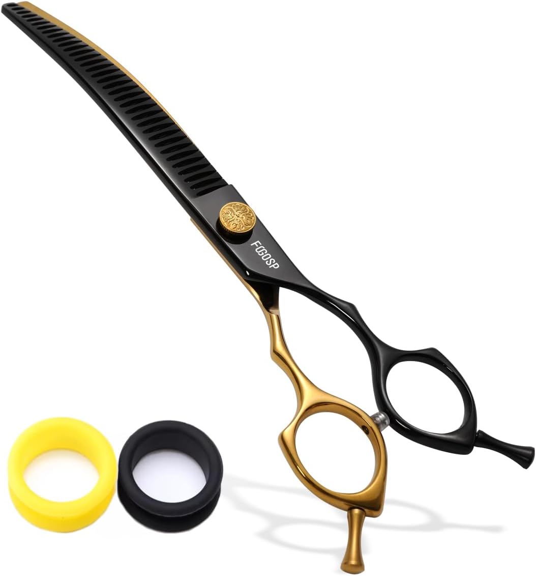 Professional Curved Chunkers Shears Dog Grooming 7.5'' Black & Gold Curved Thinning Dog Grooming Scissors for Large Dogs Pet 35 Teeth Japan 440C(Curved Chunkers,Black Gold)