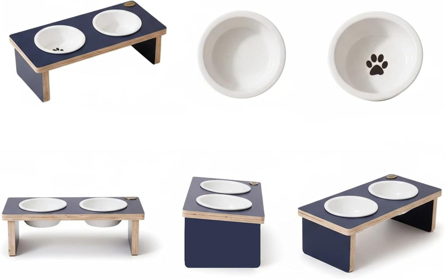 Elegant Raised Dog Bowl Stand with 2 Ceramic Bowls - Waterproof Multi-Layer Solid Wood Design for Small Dogs or Cats ，Anti-tip 3.9 lb Heavy-Duty Food Prep Station (11.8oz/1.5 Cup)