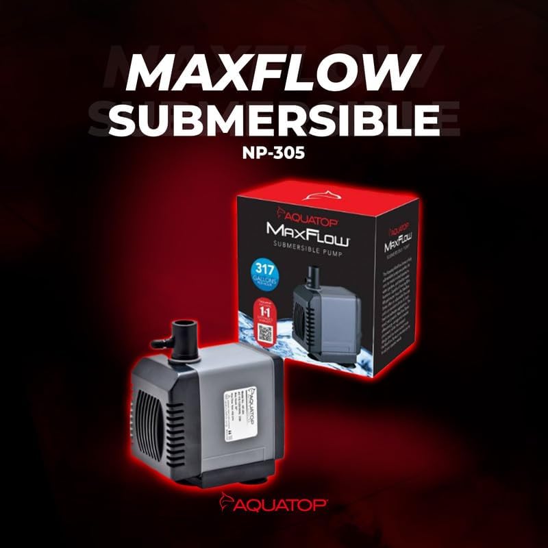 AQUATOP NP-305 Submersible Water Pump – 317 GPH Adjustable Flow – Compact Aquarium Pump for Fresh or Saltwater Tanks, Ponds & Fountains – Quiet, Powerful Design