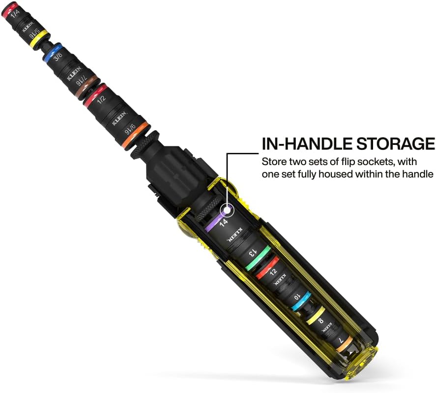 Klein Tools 32914HD 14-in-1 Impact Rated Flip Socket Set, SAE and Metric Sizes, Magnetic Socket Set with 12 Hex Drivers and Bit Holder, Cushion-Grip Handle