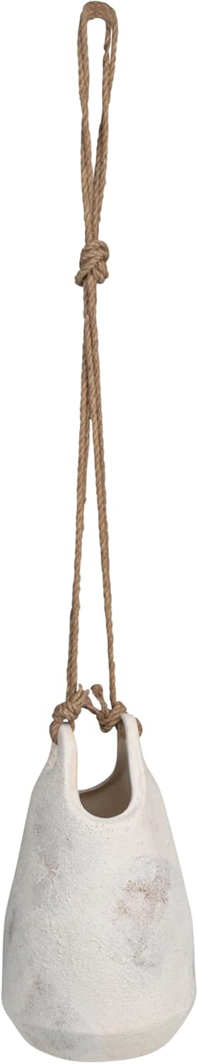 Creative Co-Op Large Stoneware Hanging Planter with Jute Rope Hanger and Distressed Volcano Finish, White