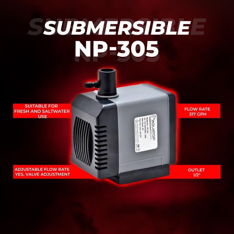 AQUATOP NP-305 Submersible Water Pump – 317 GPH Adjustable Flow – Compact Aquarium Pump for Fresh or Saltwater Tanks, Ponds & Fountains – Quiet, Powerful Design