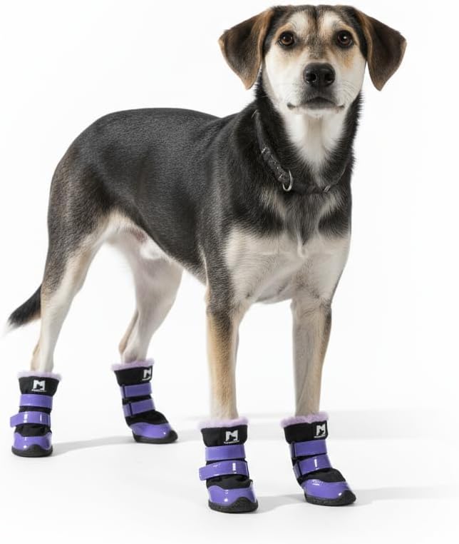 Dog Shoes for Winter Outdoor Purple Patent Leather Fleece-Lined for Warmth Waterproof Non-Slip Dog Booties 4PCS (7#(2.36-2.56))