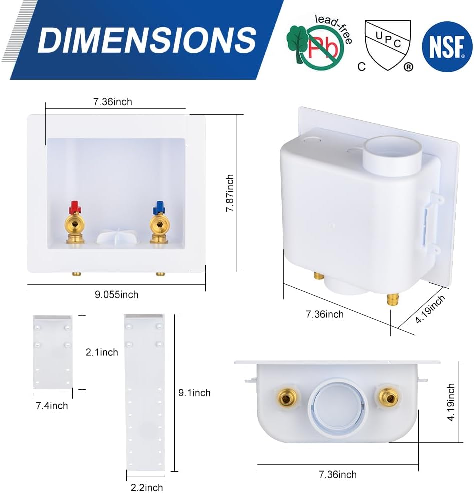 EFIELD Universal Washing Machine Outlet Box, 1/2-inch Pex Crimp Inlet x 3/4 inch MHT Outlet Connection, Center Drain,(WM048)