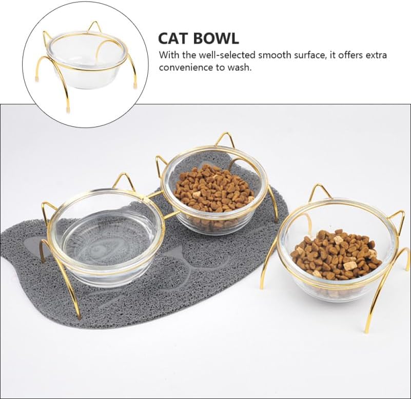 Elevated Glass Cat Food Bowl with Tilted Metal Stand, Single Raised Pet Dish for Neck Guard & Orthopedic Comfort, High Cat Feeder for Water or Food, Indoor Small Dog Bowl with Gold Rack