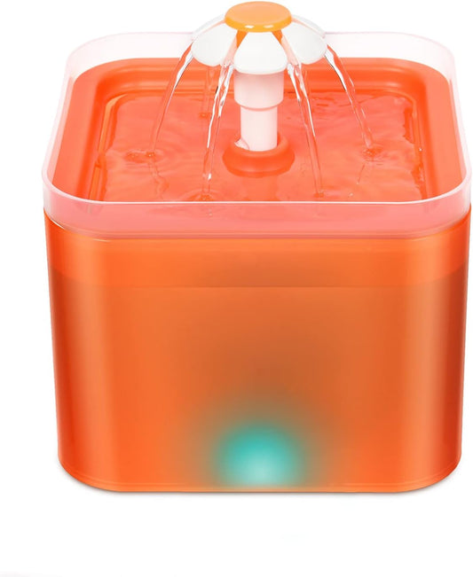 2L Cat Water Fountain, Automatic Pet Water Fountain with Flower Faucet Kit, Quiet Dog Water Drinking Dispenser with Flow Control for Dogs Cats, Orange