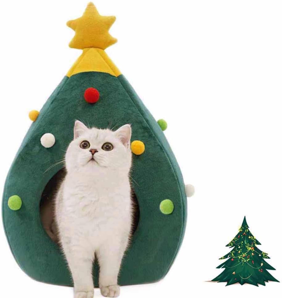 Christmas Cat Beds, Christmas Tree Cat Beds House, Portable Indoor Cat Igloo Xmas Bed Cave for Small Dogs and Small Animals, Green