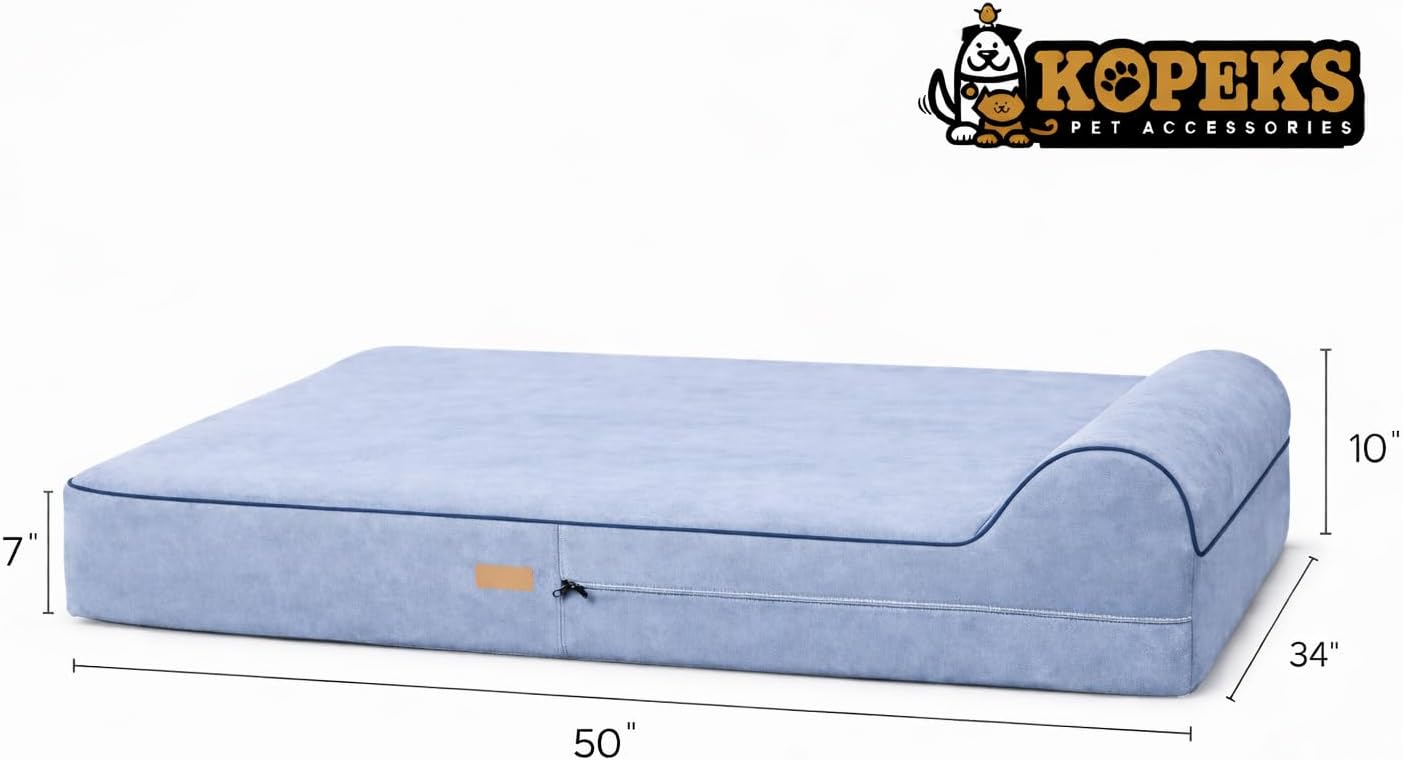 KOPEKS Orthopedic Memory Foam Dog Bed 7" Inch Thick Extra Large Dog Bed With Pillow Grey 50"x34"x10" Includes Waterproof Liner & Durable Removable Cover With Smart Design