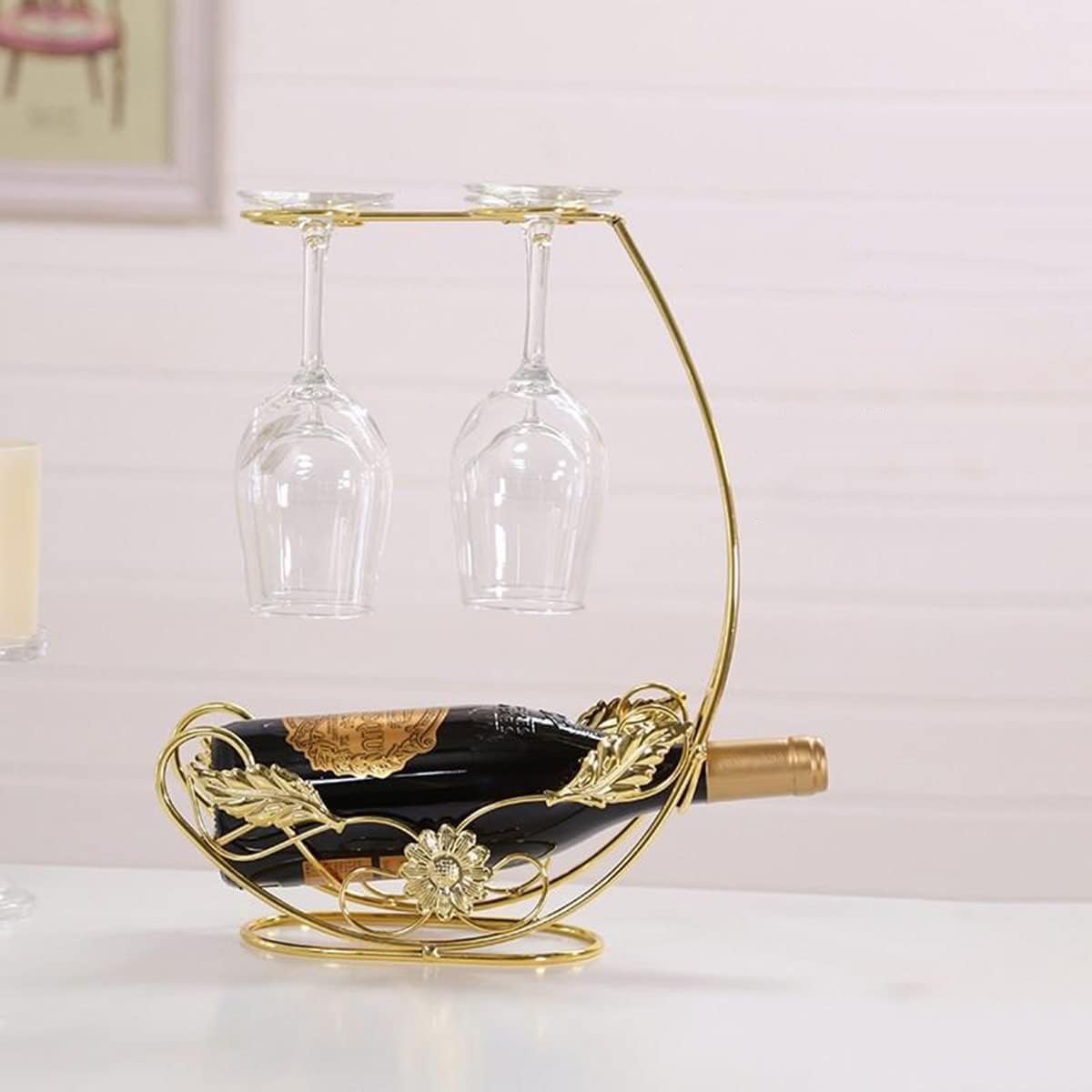 Homya Tabletop Wine Rack - Metal Fine Forged Wine Glass Display Holder, Holds 1 Bottle and 4 Glasses, Gold