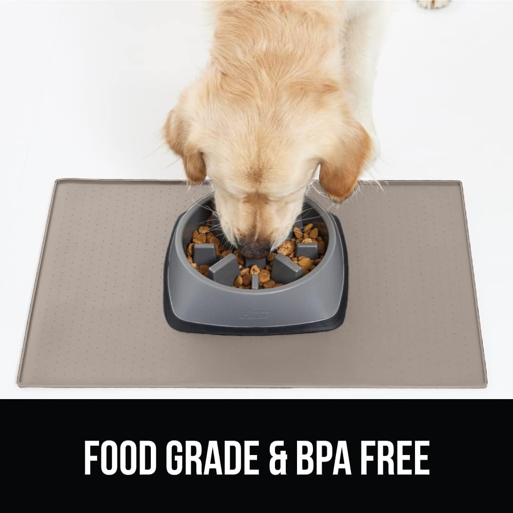Gorilla Grip Slow Feeder Dog Bowl and Pet Feeding Mat, 4 Cups Dogs Pet Bowls Slip Resistant, Dog Food Mats Size 18.5x11.5 Waterproof Placemats, Both in Beige Color, 2 Item Bundle