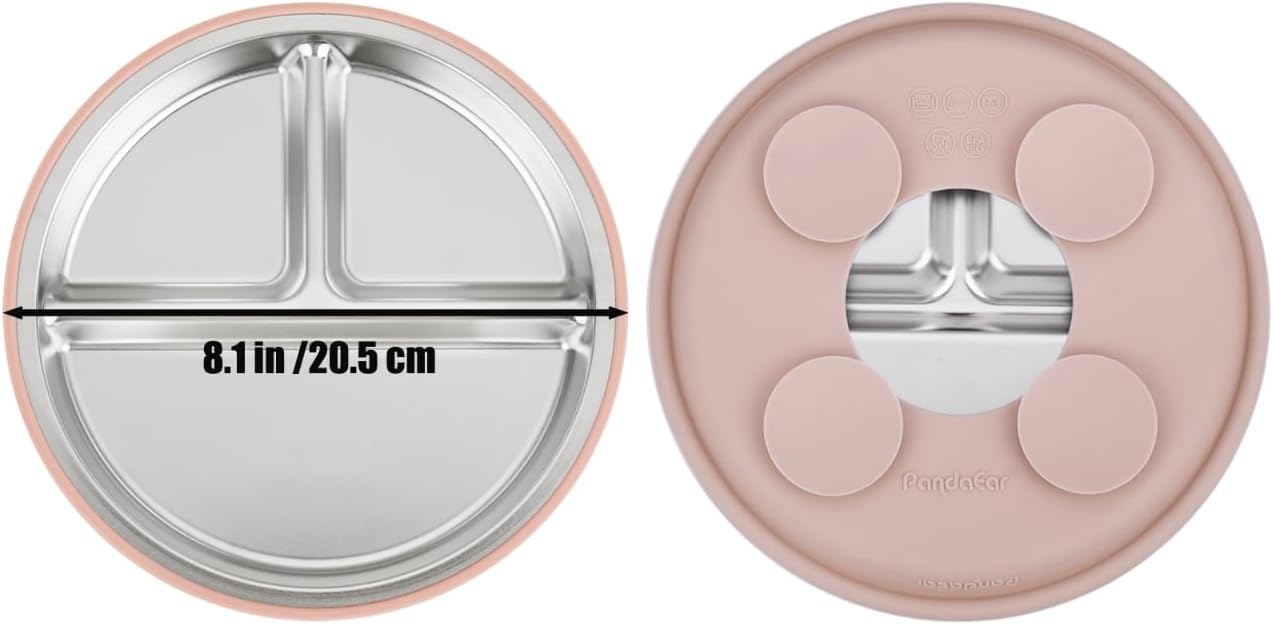 PandaEar Stainless Steel Baby Feeding Set | 2 Divided Suction Plates, 2 Spill-Proof Straw Cups with Silicone Sleeves, 2 Forks & 2 Spoons | Toddler Utensils for Baby Led Weaning, BPA-Free (Pink)