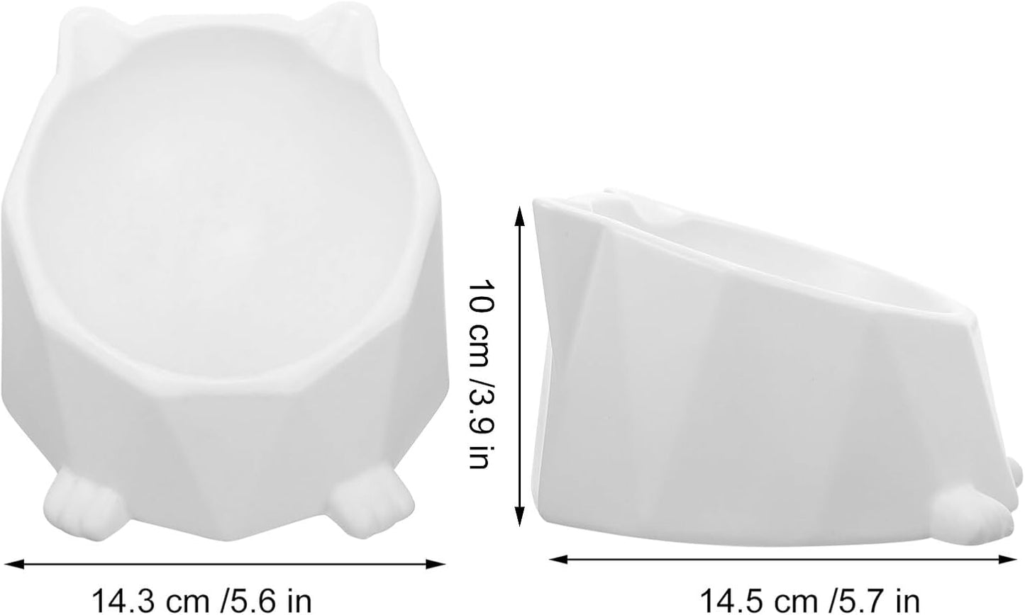 Ceramic Elevated Cat Bowl Neck Protection, White Raised Pet Feeding Dish, Anti-Spill Tilted Floor Bowl for Indoor Cats and Small Dogs