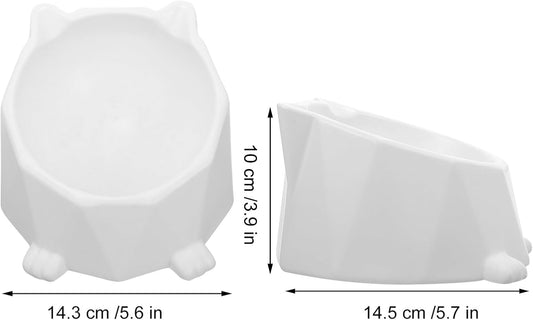 Ceramic Elevated Cat Bowl Neck Protection, White Raised Pet Feeding Dish, Anti-Spill Tilted Floor Bowl for Indoor Cats and Small Dogs