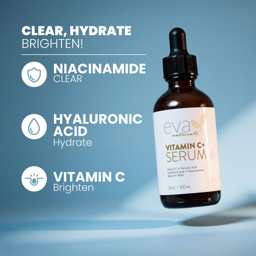 Eva Naturals Vitamin C Serum Plus – Facial Serum with Hyaluronic Acid, Niacinamide, Retinol, and Salicylic Acid – Hydrating and Smoothing Skin Formula – 2 oz