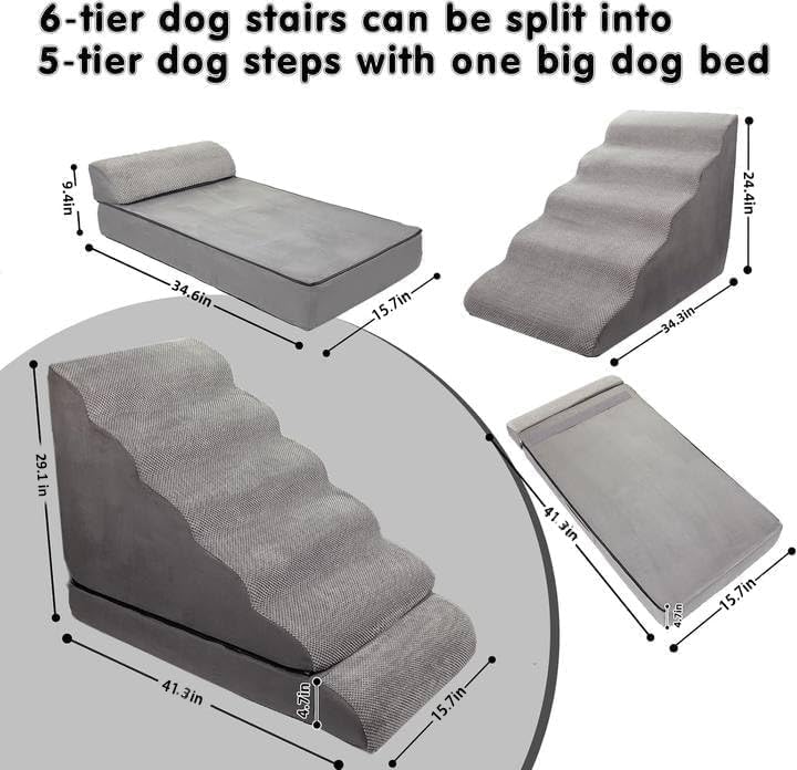 Dog Stairs for High Beds 30-36 inches Tall, 6-Step Pet Stairs/Steps for High Bed 32-36 inches for Small Large Dogs, Dog Ramp for Bed, Foam Dog Steps for Beds for Old Dogs/Cats, Grey