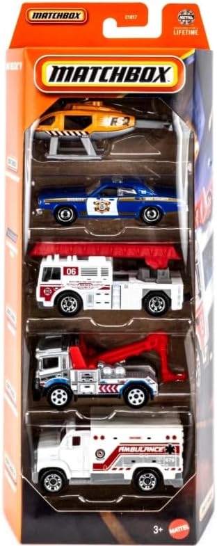 Matchbox MBX Rescue V 5 Pack [Rescue Helicopter, 1978 Dodge Monaco Police, Flame Tamer, Urban Tow Truck, Ambulance] 1:64 Scale Diecast Toy Vehicles