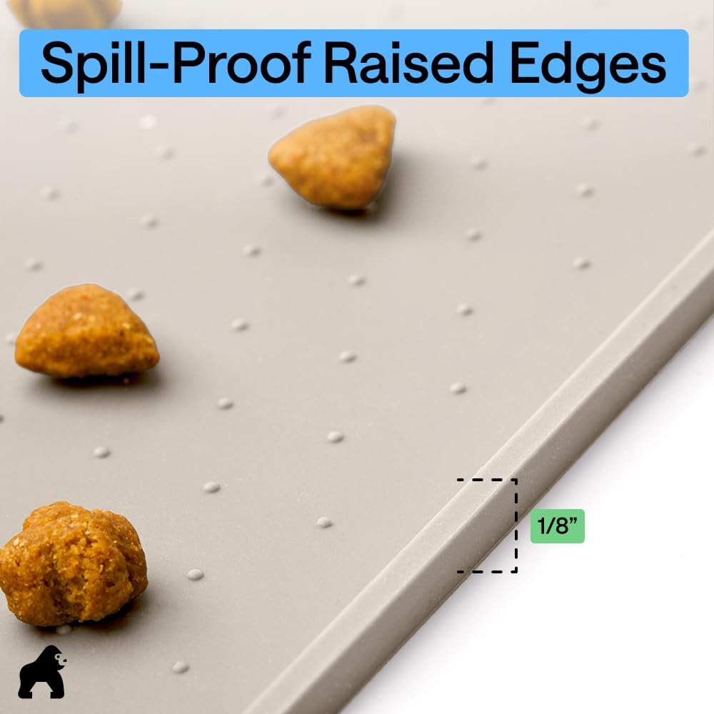 GORILLA GRIP 100% Waterproof Raised Edge BPA Free Silicone Pet Feeding Mat, Dog Cat Food Mats Contain Spills Protects Floors, Placemats for Cats and Dogs Water Bowl, Pets Accessories 16x10, Beige