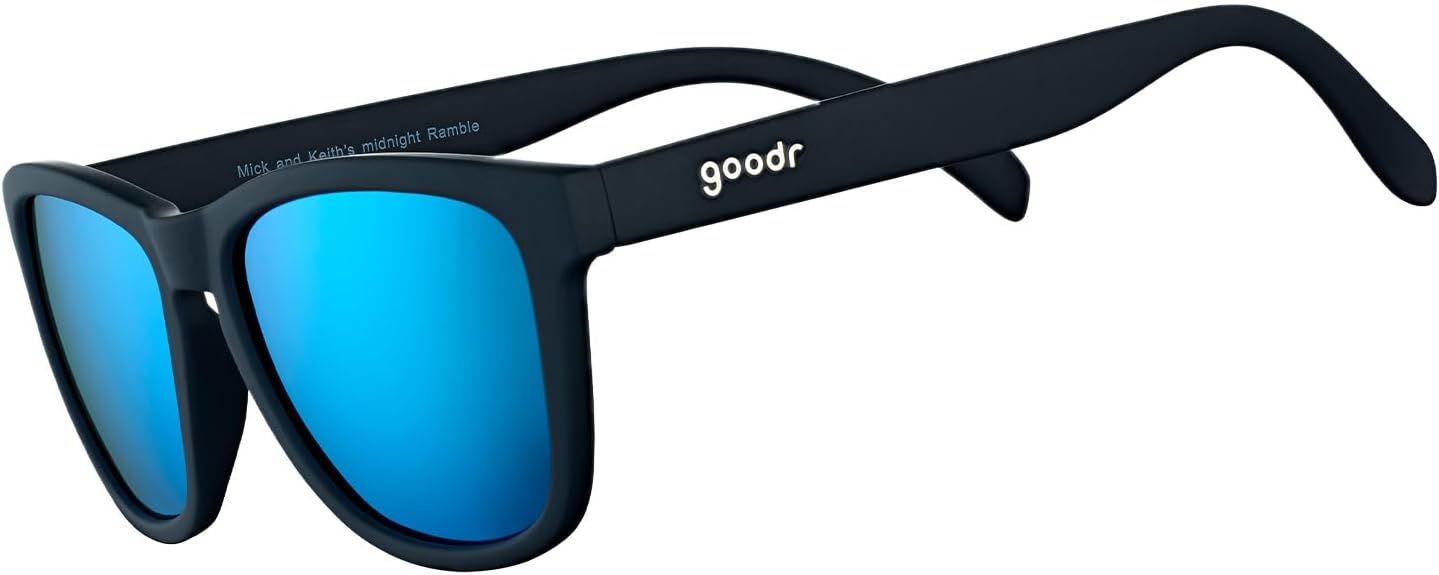 goodr Mick & Keith's Midnight Ramble Polarized Sunglasses for Men & Women, Medium Sized (OG), Black Solid Frame with Blue Mirrored Reflective Lenses, UV400 Protection, No Slip, No Bounce