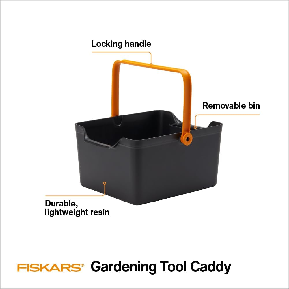 Fiskars Garden Tool Caddy, Portable Storage Organizer with Removable Bin for Snips & Pruners, Durable Recycled Resin Carrier for Indoor & Outdoor Gardening, Locking Handle & Wall Mount