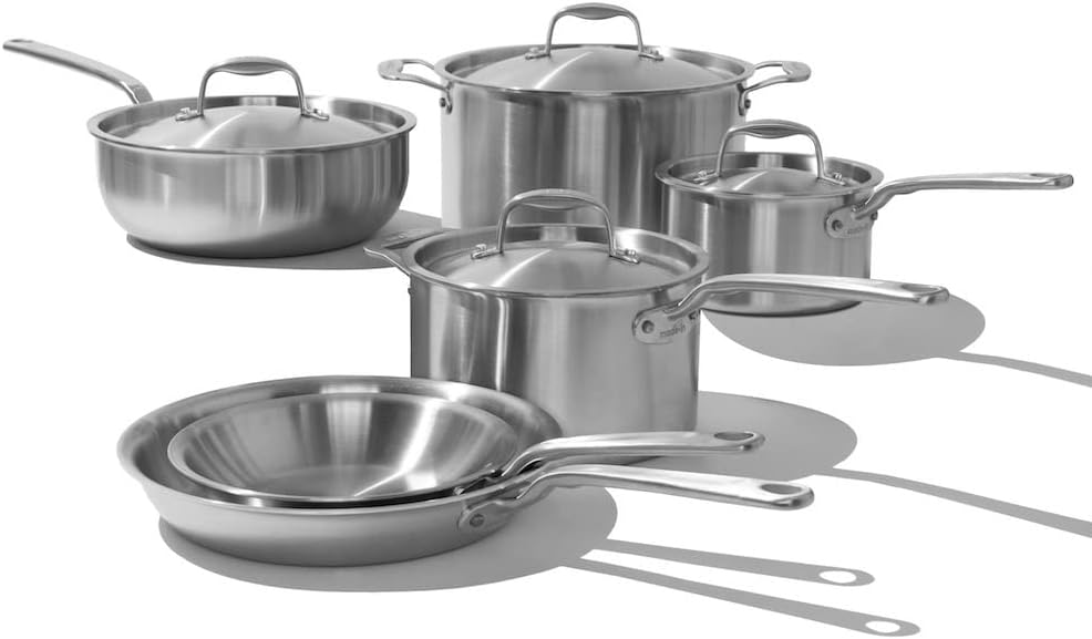 Made In Cookware | 10 Piece Stainless Steel Pot and Pan Set | 5 Ply Clad - Includes Stainless Steel Frying Pans, Saucepans, Saucier and Stock Pot W/Lid | Professional Cookware | Crafted in Italy