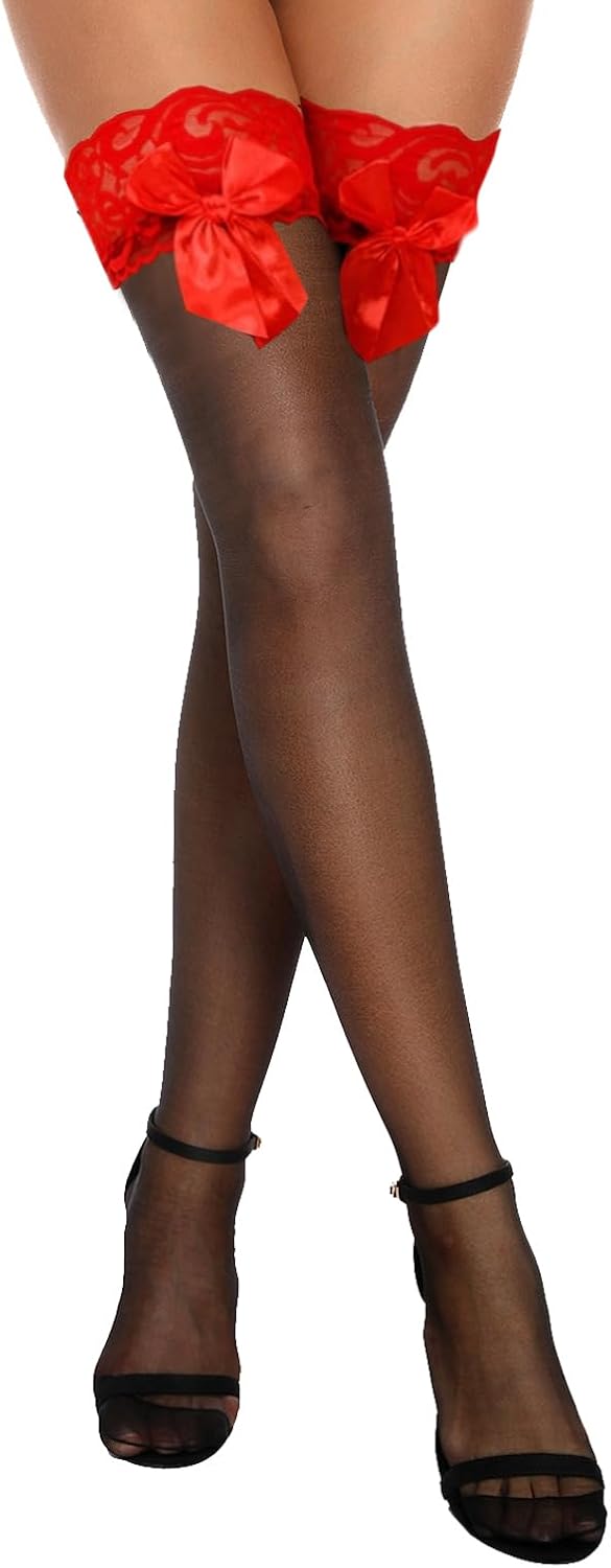 Aranmei Thigh High Stocking Hosiery Sheer Bow Stockings Lace Top Thigh High Socks Sexy Lingerie for Women