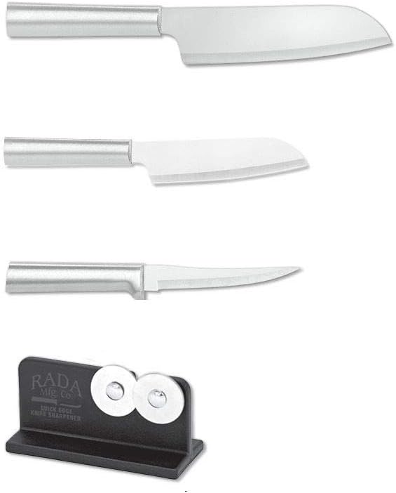 Rada Cutlery 3-Piece Cook's, Cook's Utility, and Super Parer Knives with Quick Edge Sharpener, Stainless Steel Blades, Silver Handle