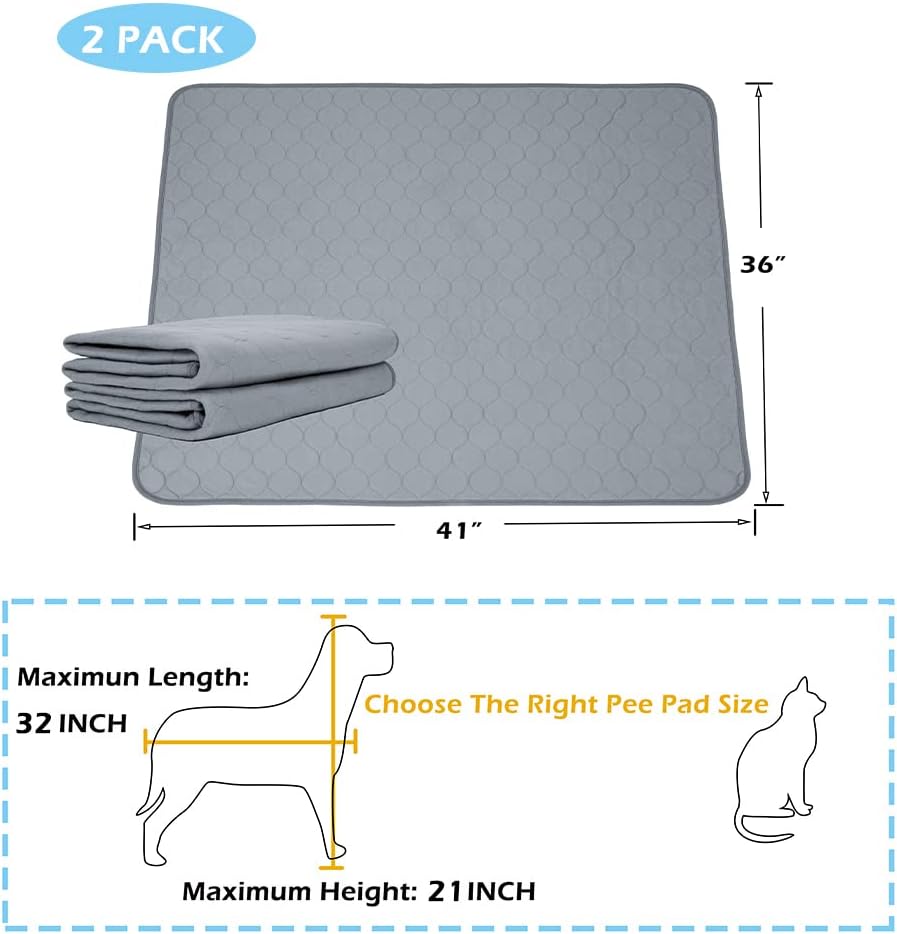 BODISEINT Washable Dog Pee Pads, Quilted Reusable Puppy Pee Pads for Dogs, Whelping Pads Dog Bed Pen Mat Absorbent Pet Dog Potty Training Pads for Playpen, Crate(36 x 41 Inch (2 Pack,Gray))