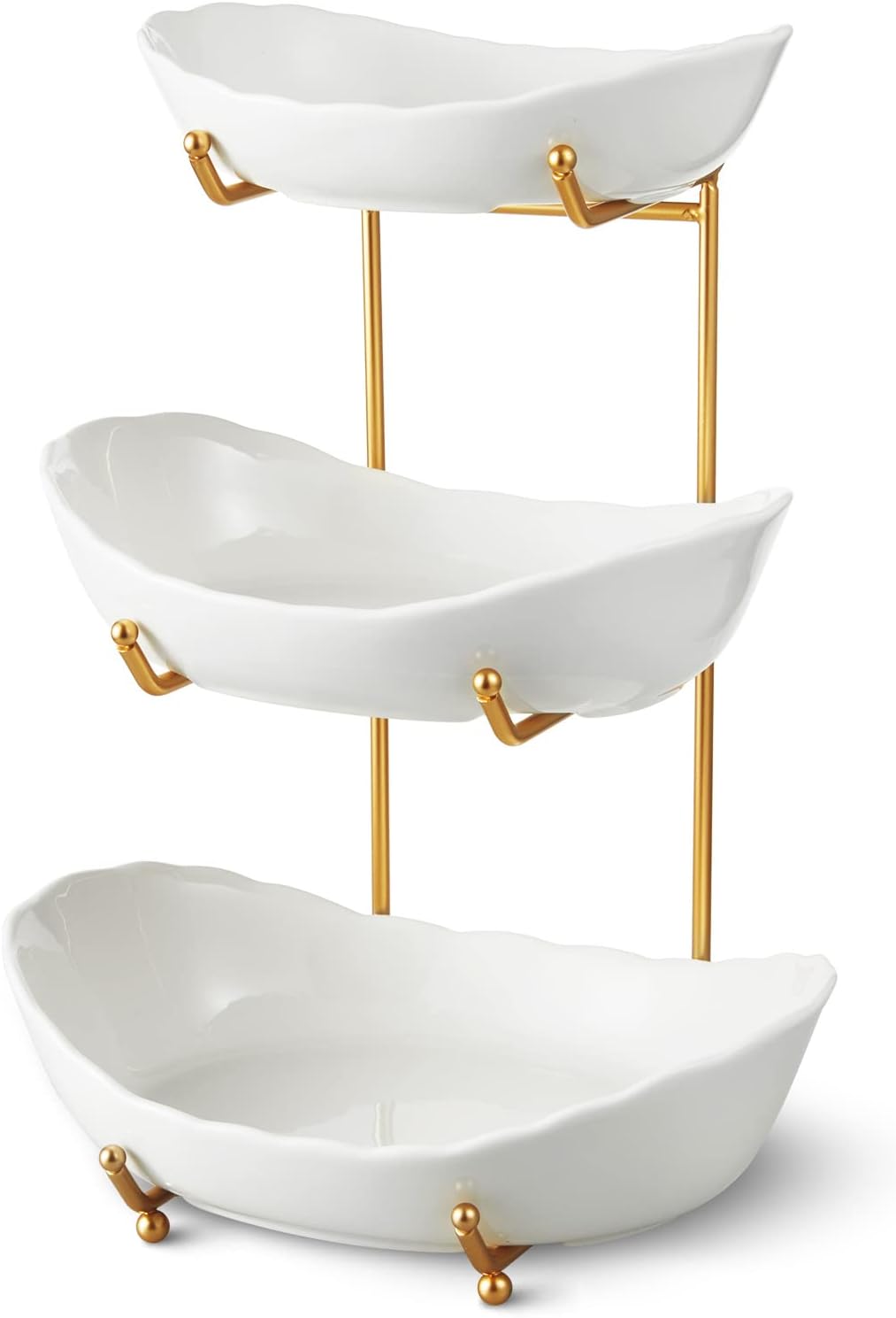 Ceramic Fruit Bowl for Kitchen Counter - 3 Tier Fruit Basket with Metal Stand, Tiered Fruit Stand for Countertop, Snack, Nuts, Cake, Dessert, Cute (Gold, Small)